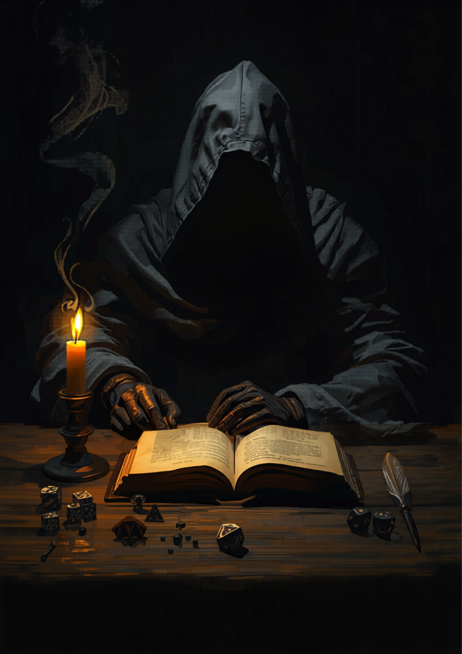 A hooded Dungeon Master at a candlelit table